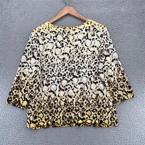 Chicos Top Womens 3 US Extra Large Yellow Brown Animal Print 3/4 Sleeve Pullover - Picture 3 of 11